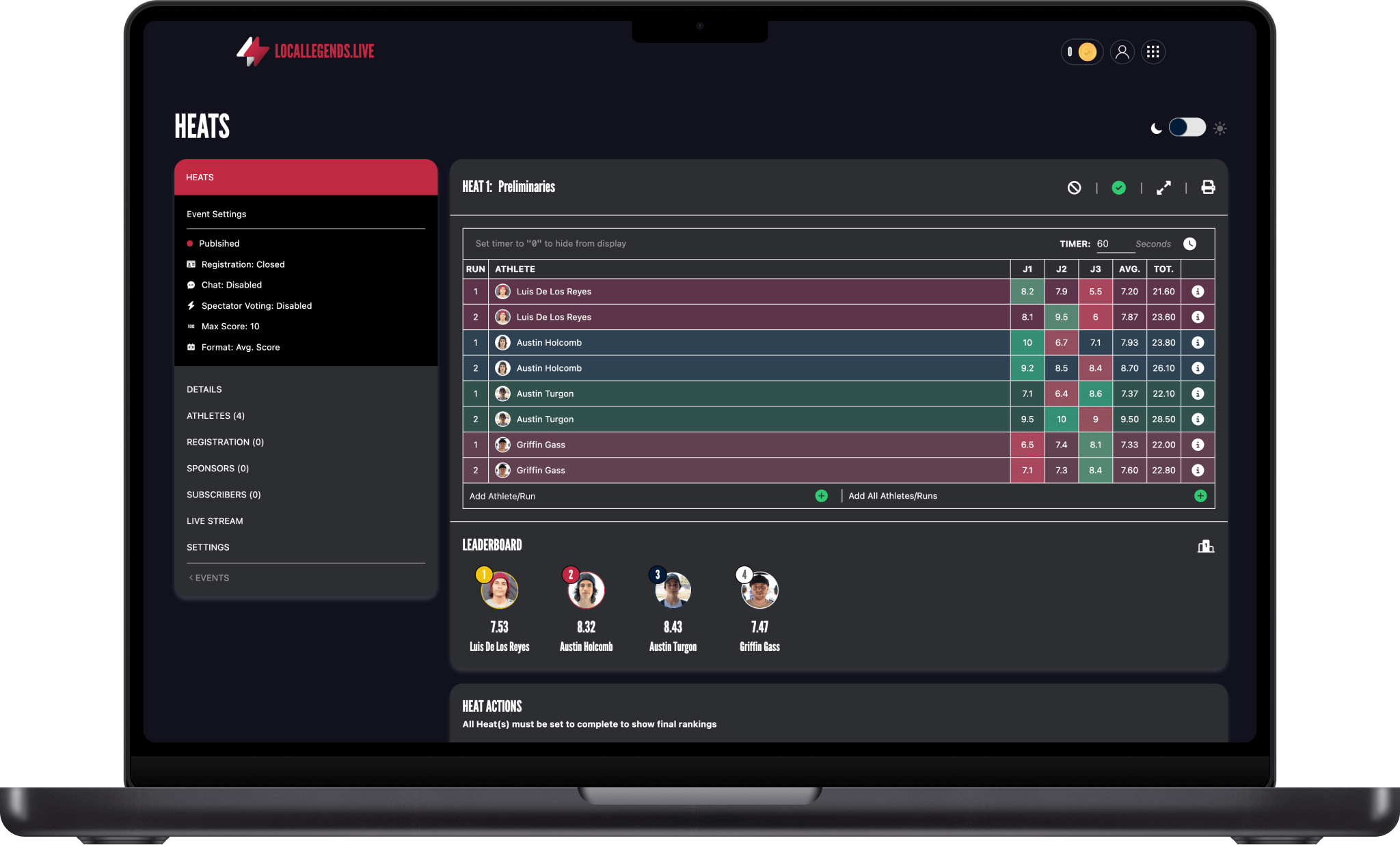 Event Heat & Run Score Management